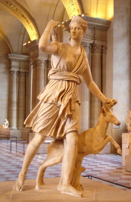 Artemis with a hind, better known as "Diana of Versailles". Marble, Roman artwork, Imperial Era (1st-2nd centuries CE).