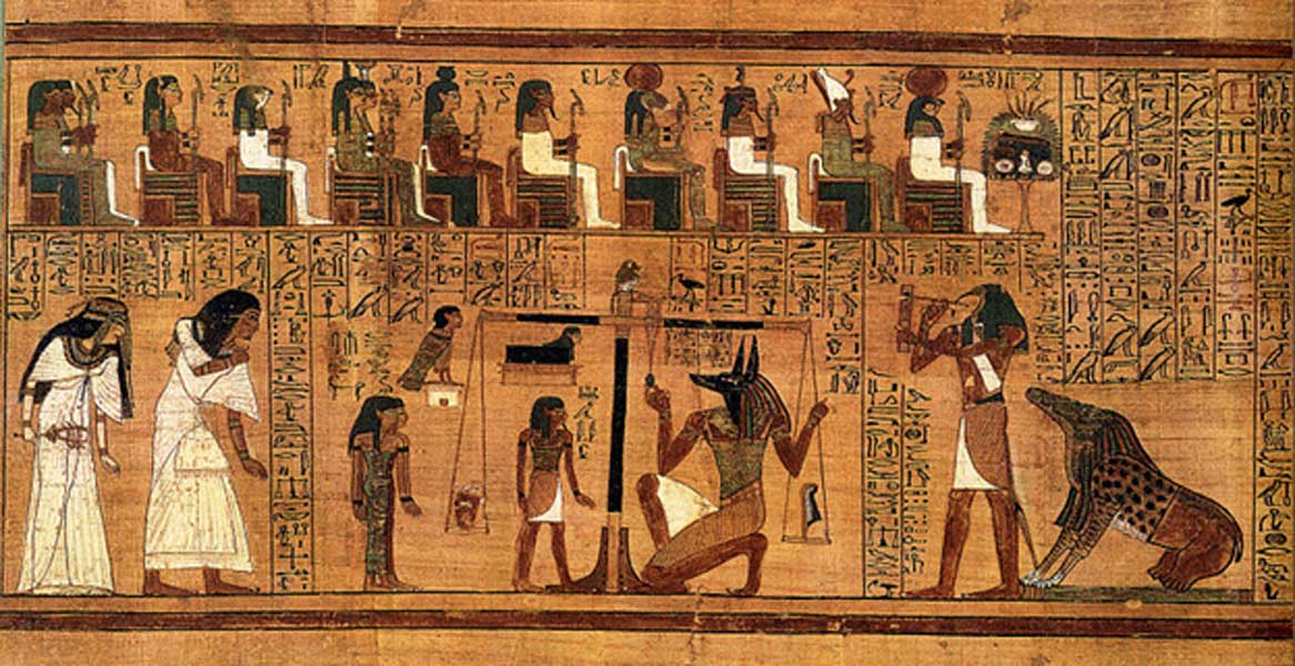 Excerpt from the ‘Book of the Dead’, written on papyrus and showing the "Weighing of the Heart" using the feather of Maat as the measure for the counter-balance. Created by an unknown artist C.1300 BC