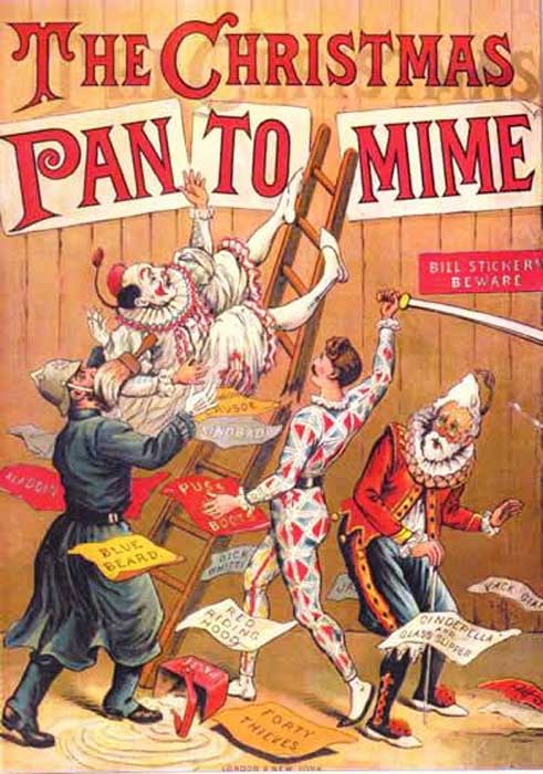 The Christmas Pantomime color lithograph bookcover, 1890, showing the harlequinade characters.