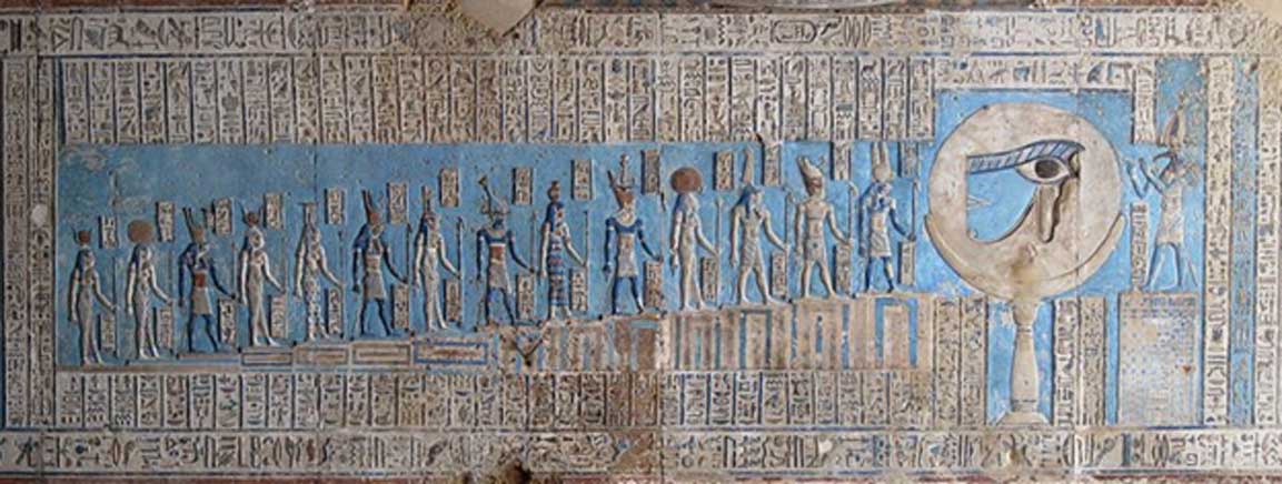 Deities each played a vital role in the lives and afterlives of Ancient Egyptians. Relief in Temple of Dendera, Egypt