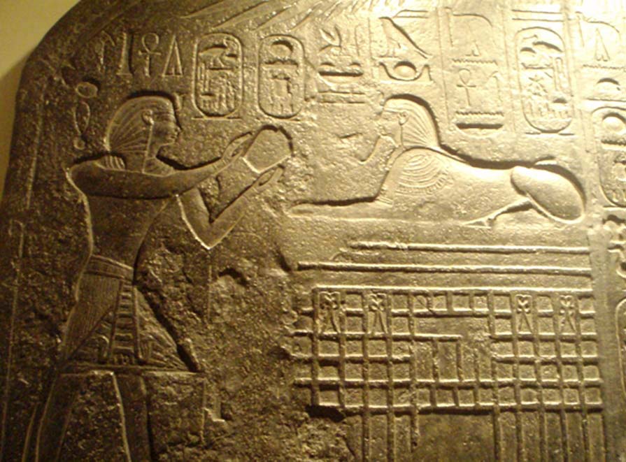 Reproduction of the Dream Stele of Thutmose IV depicting pharaoh making an offering to the Sphinx. Rosicrucian Egyptian Museum. 