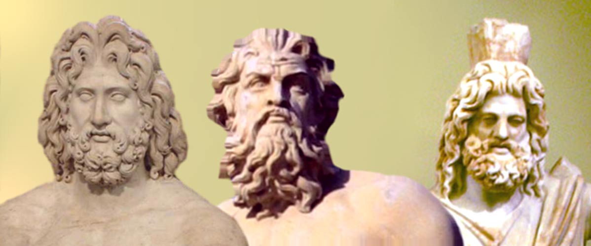 Greek Trinity: Zeus, Poseidon and Hades -- gods of heavens, sea, and underworld.