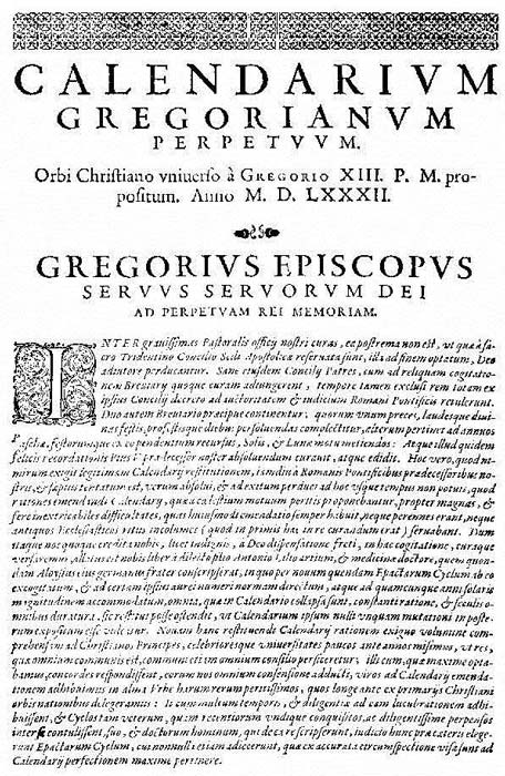 The first page of the papal bull "Inter Gravissimas" by which Pope Gregory XIII introduced his calendar. 