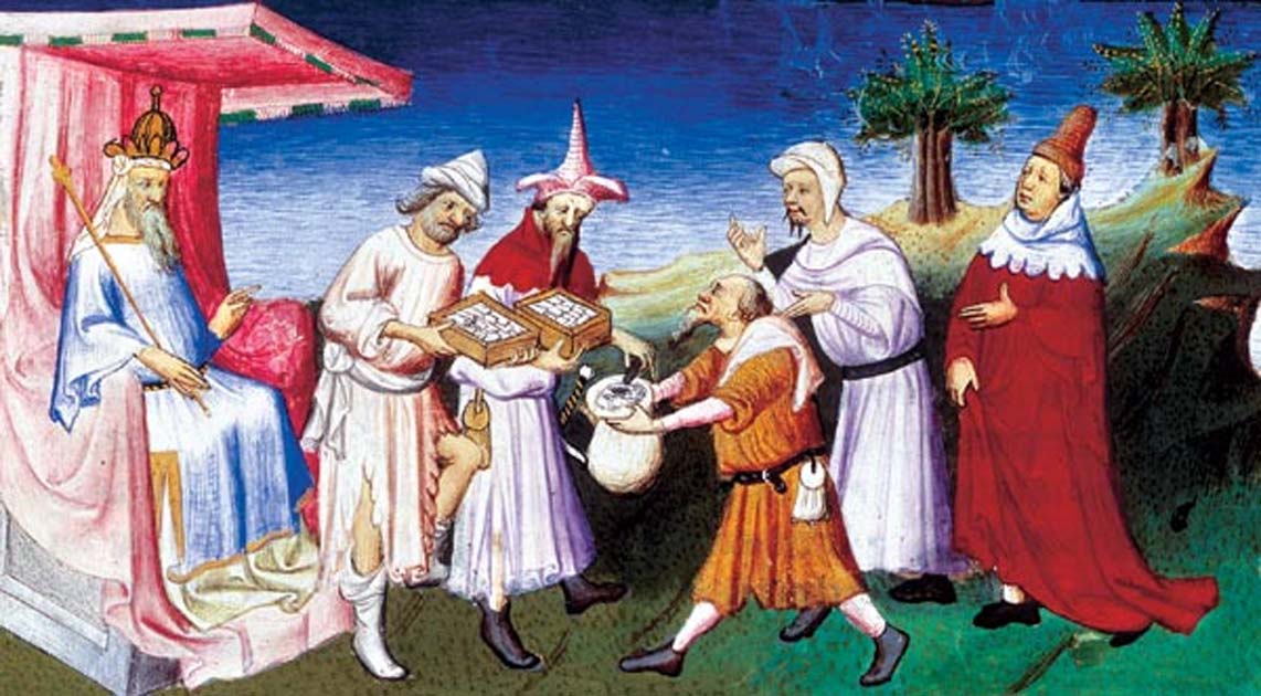 Kublai Khan gives financial support to the Polo family, and accepts gifts of the Venetians. Painting, Master of Busico, 1412 