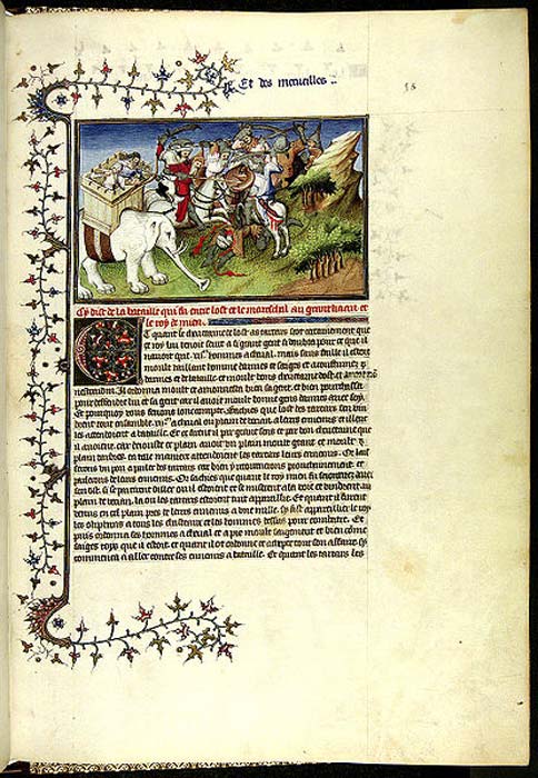 Marco Polo, Il Milione, Chapter CXXIII and CXXIV, page from the Book "The Travels of Marco Polo" ("Il milione"), originally published during Polos lifetime 1298-1299, but frequently reprinted and translated. The army of the Khan attacking the rebellious King of Mien (now Burma). Note that Polo describes the King attacking the Khan with elephants, whereas the illustrator depicts the Khan attacking the King with elephants.