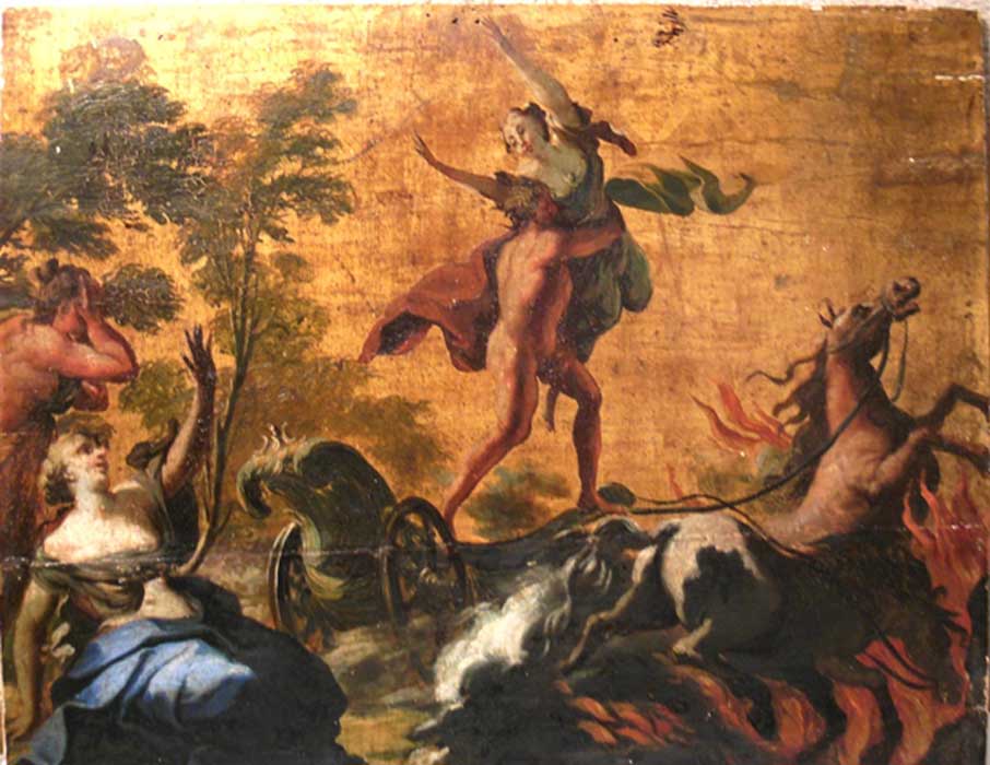 Oil painting of Hades abducting Persephone. Oil on wood with gilt background. 18th century.