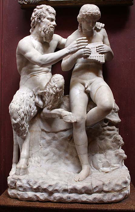 Pan teaching his eromenos, the shepherd Daphnis, to play the pipes, 2nd century AD Roman copy of Greek original c. 100 BC 