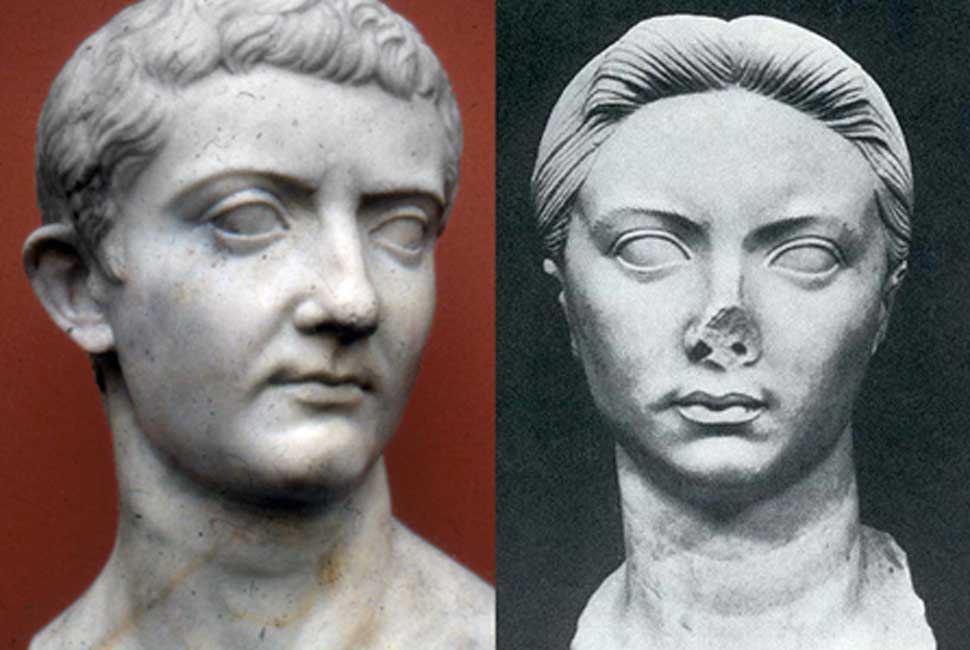 Parents of Castor. Bust of Tiberius [left] and wife Vipsania [right] 