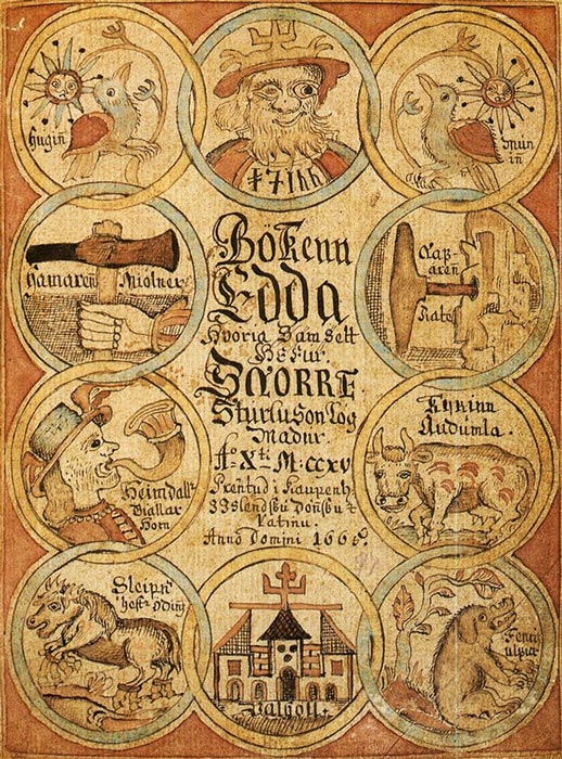 Title page of an 18th century manuscript of the Prose Edda, showing Odin, Heimdallr, Sleipnir and other figures from Norse mythology.
