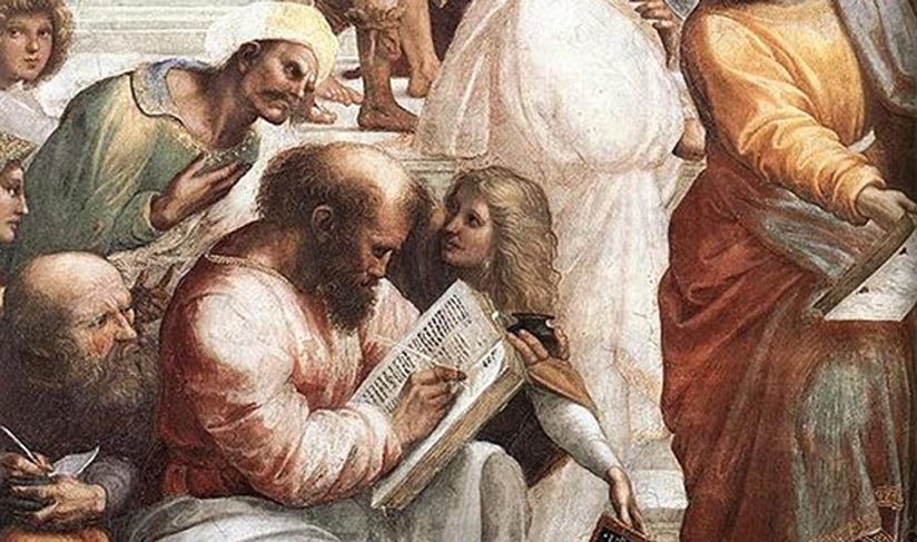 Detail of Pythagoras writing from ‘The School of Athens.’ By Raphael. 