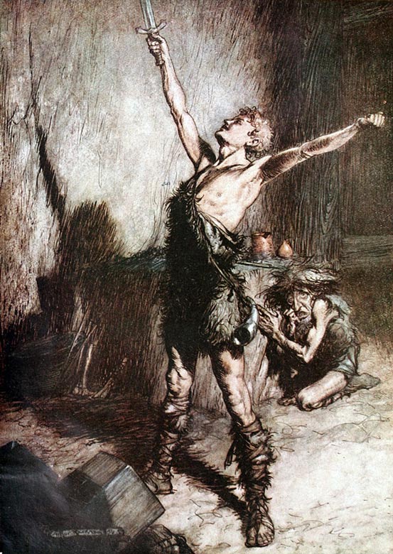 Siegfried holds aloft the sword Nothung in Siegfried and the Twilight of the Gods