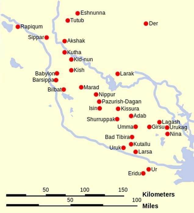 Map with the locations of the main cities of Sumer and Elam. (Modern Iraq)