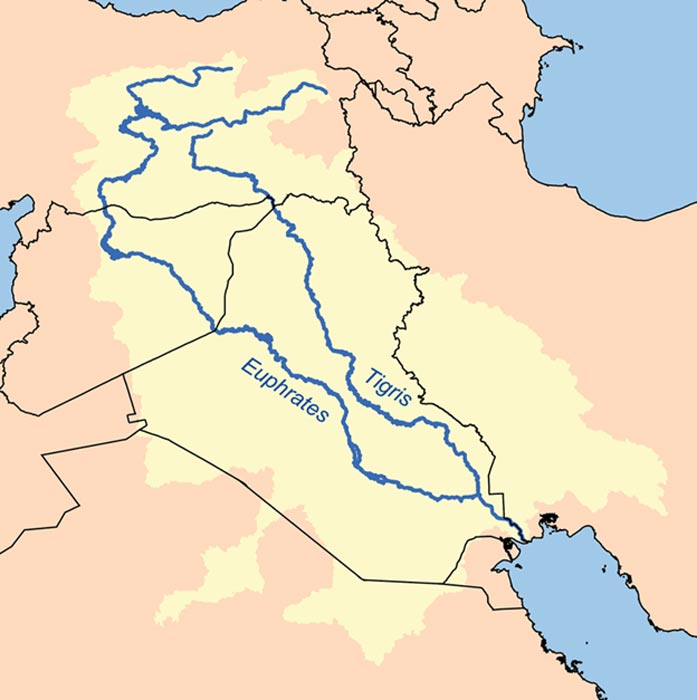 Map showing the Tigris–Euphrates river system, which defines Mesopotamia.