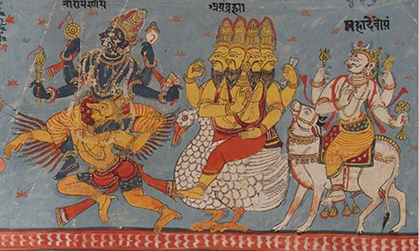 The Hindu Trimurti: Vishnu, Brahma and Shiva seated on their respective mounts.