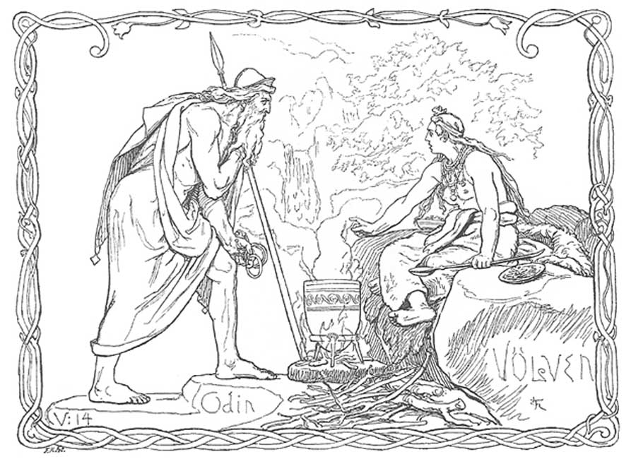 Völuspá is the first and best known poem of the Poetic Edda. "Odin and the Völva" (1895) by Lorenz Frølich.
