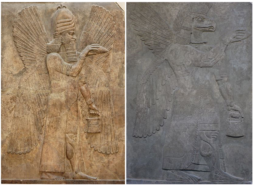 Left: A Winged genie with a pinecone and bucket performing a ritual before a Tree of Life panel. (Public Domain) Right: An eagle-headed figure in the Assyrian ‘bucket and cone motif.’ (Geni/CC BY SA 4.0)