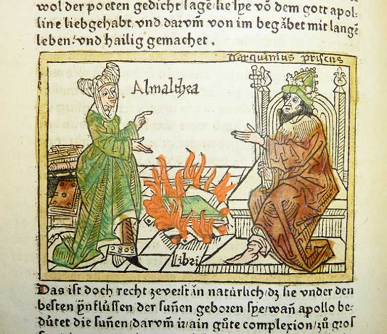 Woodcut illustration of Amalthea (the Cumaean sibyl), Tarquinius Superbus and the Sibylline books