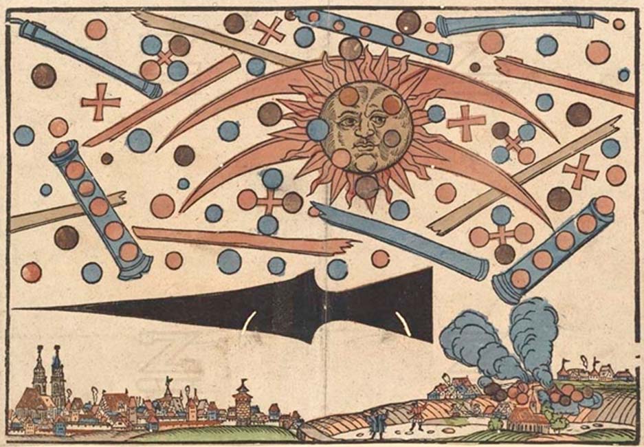 Woodcut by Hans Glaser documenting what might have been an aerial battle between UFOs.