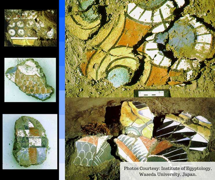 This collage of excavated painted fragments shows the wealth of decorations at the famed Malqata palace in Thebes.