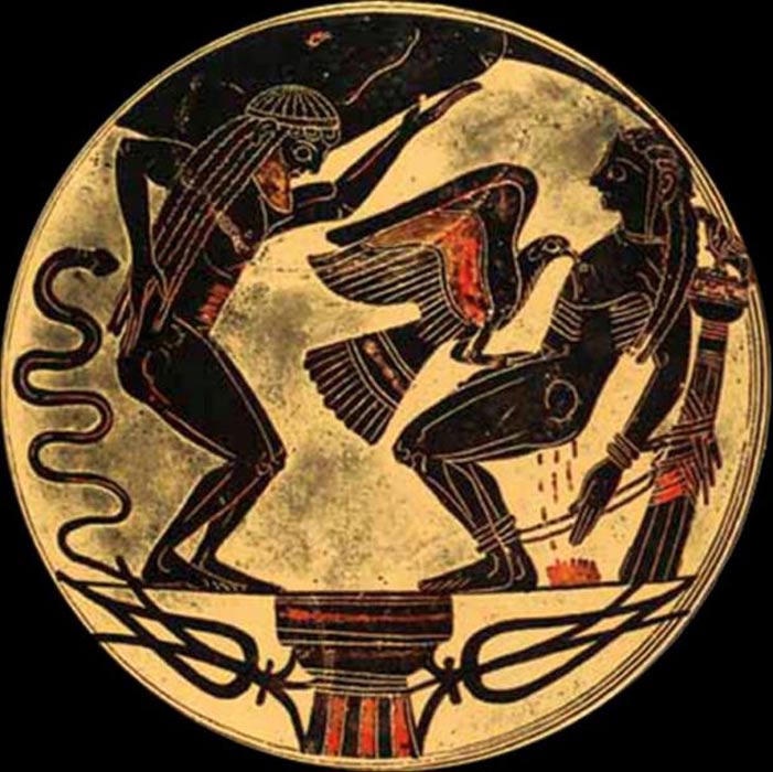 An eagle tears out Prometheus’ liver out every day in punishment. Laconic bowl (~550 BC)