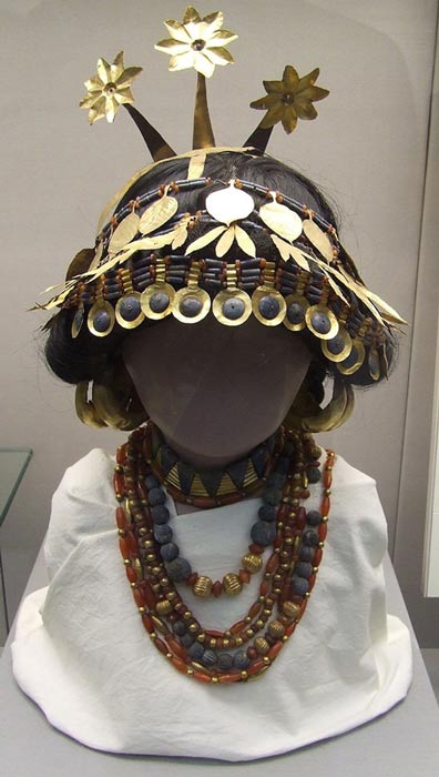 A reconstruction in the British Museum of headgear and necklaces worn by the women in some Sumerian graves. 