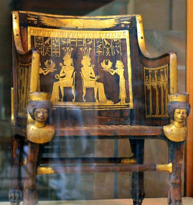 The richly decorated wooden chair or “throne” of Princess Sitamun that was found in the tomb of her grandparents, Yuya and Tjuya. Egyptian Museum, Cairo.
