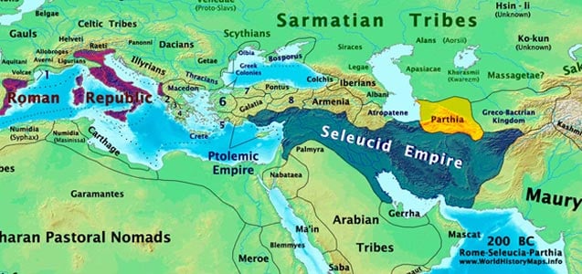 Roman, Seleucid, and Parthian Empires in 200 BC. 