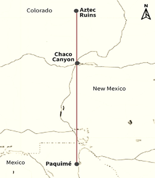  Stephen Lekson’s Chaco meridian, extending from Aztec Ruins in New Mexico to Paquimé in northern Mexico.