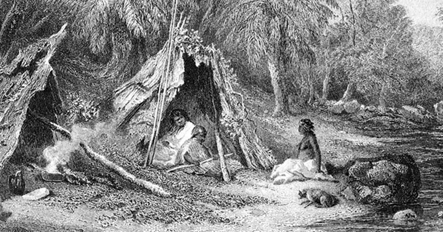 A 19th-century engraving of an Indigenous Australian encampment by Skinner Prout (1876). A humpy (or gunyah) is a small temporary shelter traditionally used by Australian Aboriginals while traveling on long-lines. (Public Domain)