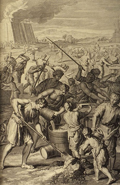 A depiction of the Hebrews' bondage in Egypt, during which they were forced to make bricks without straw by P de Hondt (1728) (Public Domain)
