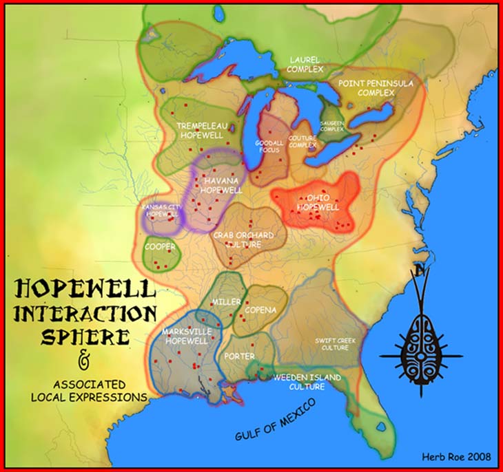 A map showing the Hopewell Interaction Sphere and various local expressions of the Hopewell cultures. (Herb Roe/CC BY-SA 3.0)