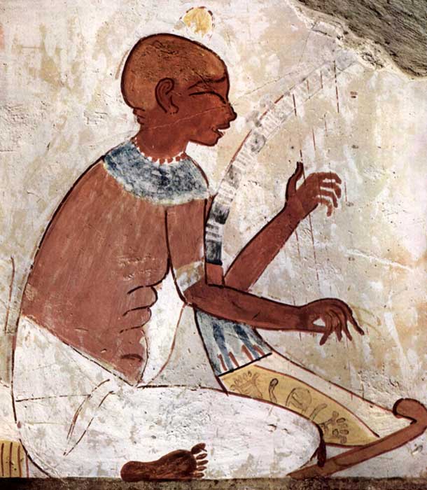 A mural of a blind musician playing a harp, from the tomb of the ancient Egyptian scribe, Nakht (TT52). This representation has raised considerable debate with some believing it shows a blind harpist, while others say the musician has his eyes closed in devotion.