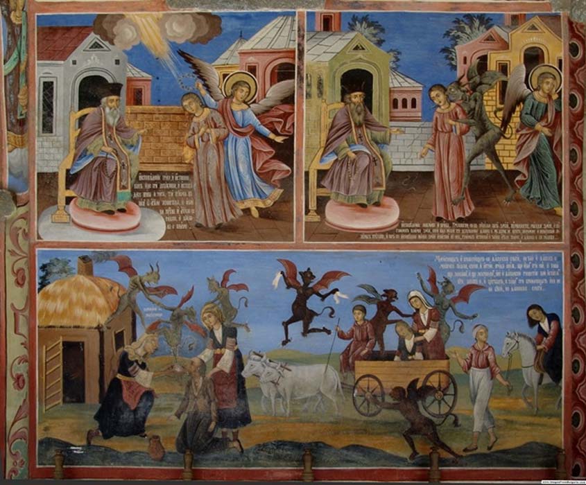 A painting in the Rila Monastery in Bulgaria, condemning witchcraft and traditional folk magic (CC BY-SA 2.5)