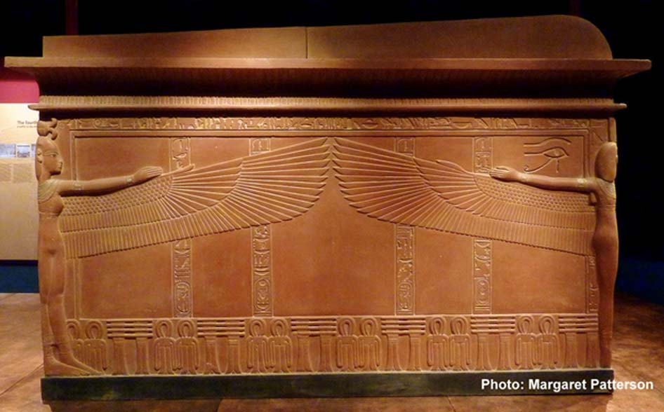 A replica shows the north side of the sarcophagus found in the tomb of Tutankhamun with the tutelary goddesses protecting the contents within. “Tutankhamun: His Tomb and His Treasures” exhibition at the Museum of Museums, Manchester.