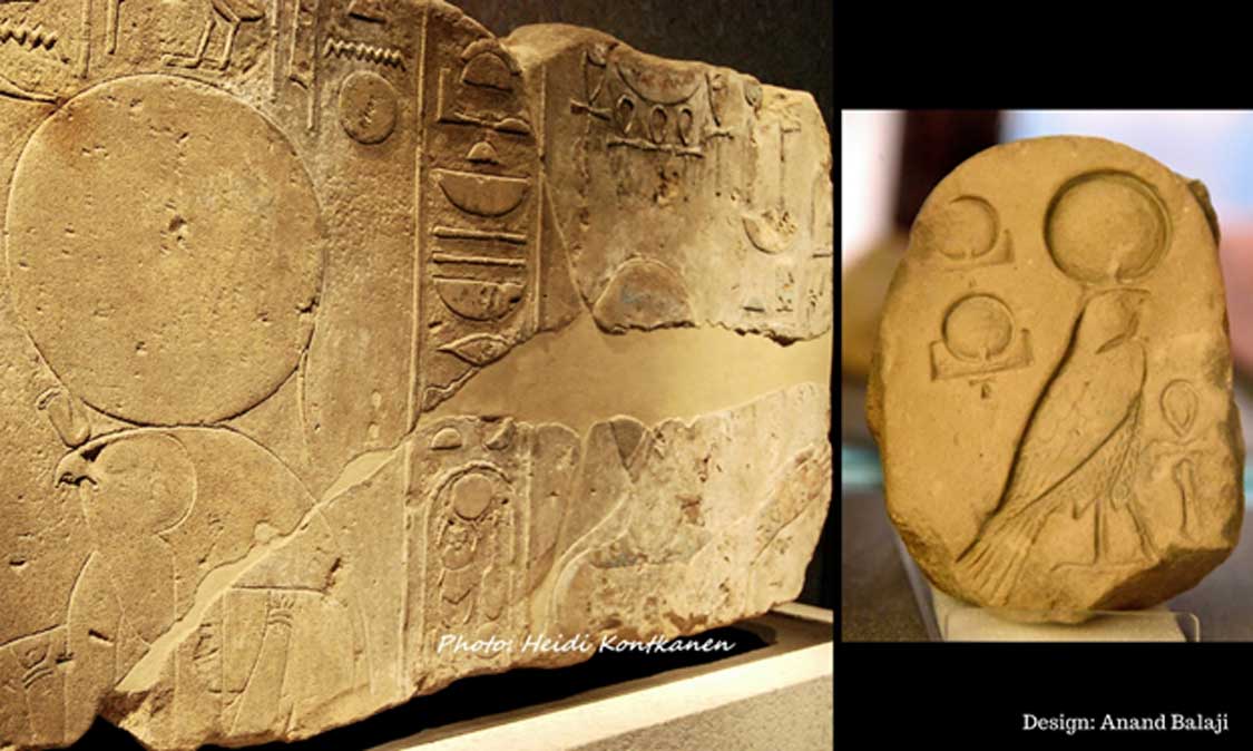 (Left) A sandstone Karnak Temple relief from early in Akhenaten’s reign shows him with Ra-Horakhty, traditionally depicted with a hawk’s head. Neues Museum, Berlin. (Right) An inscribed limestone fragment from Amarna shows an early Aten cartouche, “the Living Ra-Horakhty”. Petrie Museum, London. 