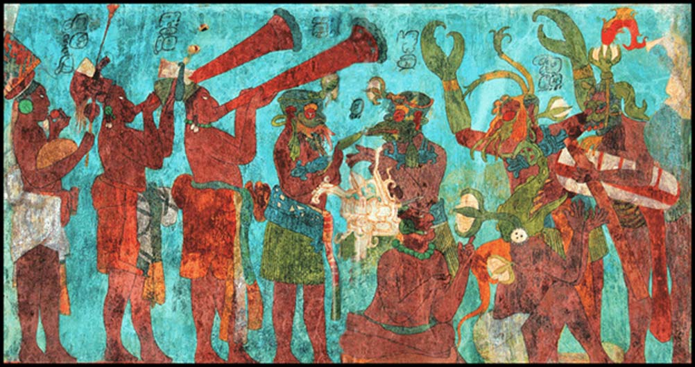 A wall painting dating from circa 775 AD found at the Bonampak ceremonial complex file of musicians: rattle and ocarina; trumpets; and theatrical scene (Public Domain)