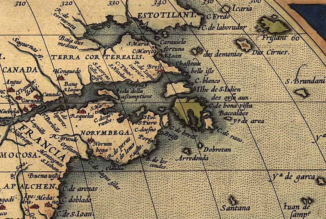 Part of Abraham Ortelius' atlas from 1570, showing "Norvmbega" among other somewhat mythical names for various areas as well as several phantom islands. (Public Domain)