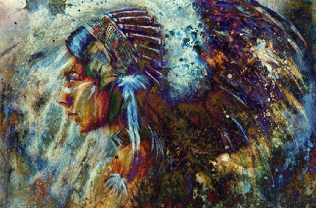 Indian woman wearing feather headdress with lion.  (Jozefklopacka/ Adobe Stock)