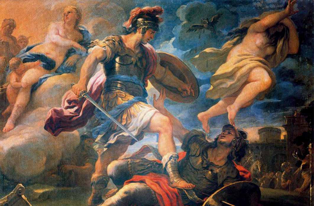 Aeneas defeats Turnus, by Luca Giordano, 1634–1705. The genius of Aeneas is shown ascendant, looking into the light of the future, while that of Turnus is setting, shrouded in darkness by Luca Giordano (17th century) (Public Domain)