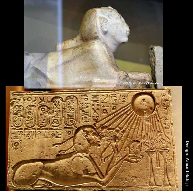 Although Akhenaten’s religious reforms purged Egyptian art of many deities, the King remained fond of the sphinx, and often had himself depicted as that fantastic creature. In the Eighteenth Dynasty, the monument was reinterpreted as the sun god Horemakhet, or ‘Horus in the Horizon’. (Top: Egyptian Museum, Cairo. Below: Hans Ollermann/CC BY 2.0. Museum August Kestner, Hanover, Germany.)