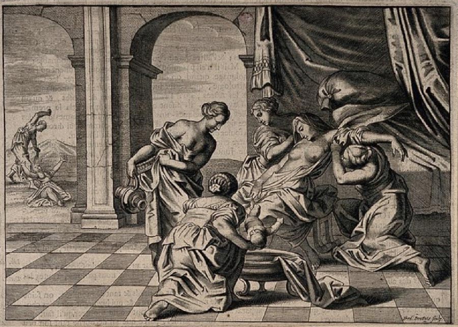 Alcmene giving birth to Hercules surrounded by attendants (Wellcome Institute / CC BY-SA 4.0)