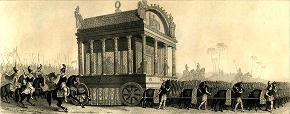 Alexander’s funeral bier, pulled by 64 mules, on the way from Babylon to Damascus (Public Domain)