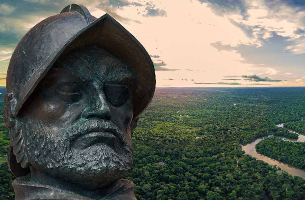 Bust of Fransisco de Orellana (Ricardo Algár/Adobe Stock) Amazon rainforest (William Perez/Adobe Stock)