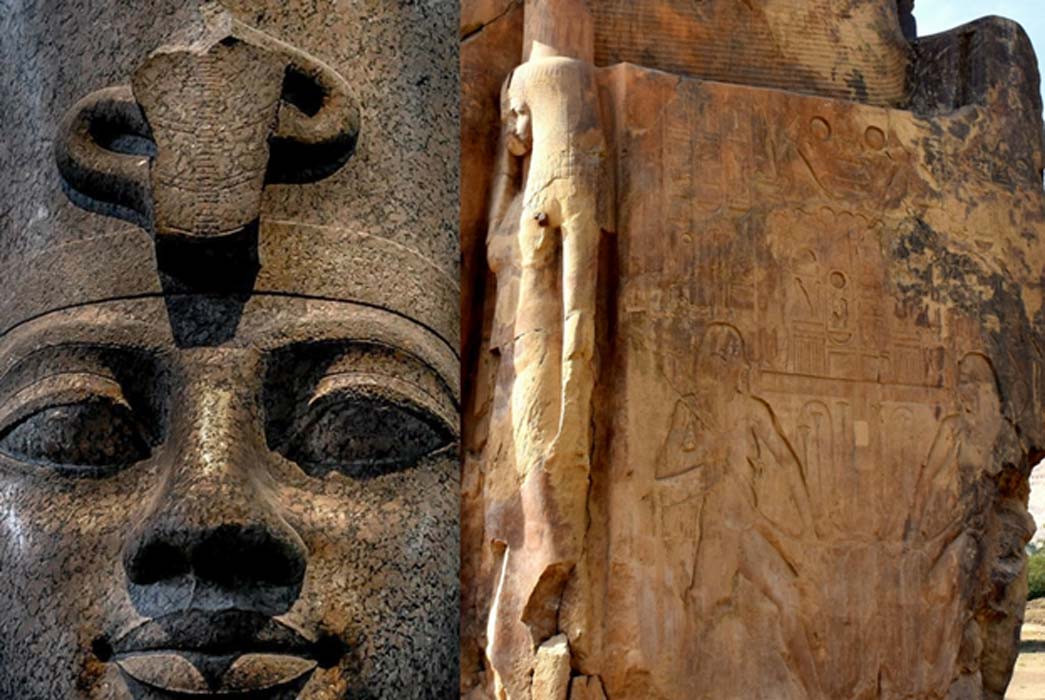 Head from a red granite statue of Amenhotep III wearing the double crown of Upper and Lower Egypt found at Karnak; side panel of one of the Colossi of Memnon shows a relief of Hapy, the Nile god, and a sculpture of Queen Tiye; design by Anand Balaji (Photo credits: Leslie D. Black and MusikAnimal)