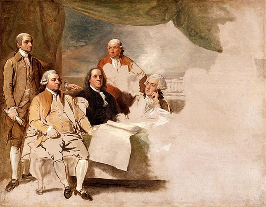 American Commissioners of the Preliminary Peace Agreement with Great Britain, 1783-1784, London, England by Benjamin West (1783 – 1784) Winterthur Museum, Delaware. From left to right: John Jay, John Adams, Franklin Benjamin, Henry Laurens, and William Franklin Temple. The British commissioners refused to pose, and the picture was never finished. (Public Domain)