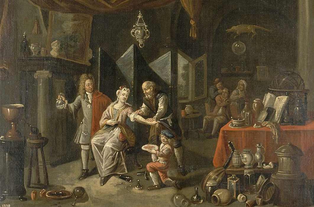 A surgeon letting blood from a woman's arm, and a physician by a Flemish painter (18th century) (Wellcome Images / CC BY-SA 4.0)