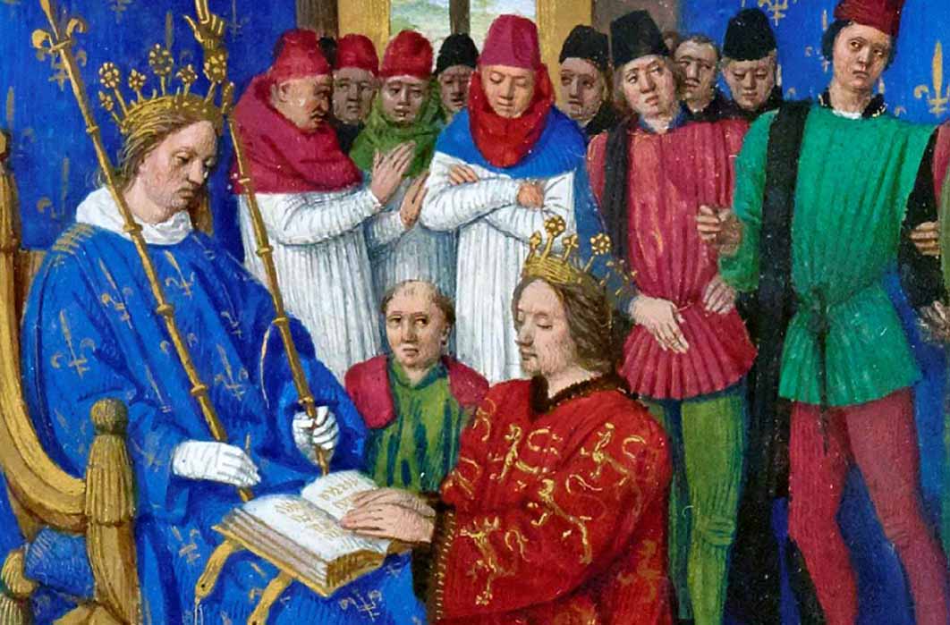 Homage of King Edward I (kneeling) to Philip IV (seated). As Duke of Aquitaine, Edward was a vassal to the French king, by Jean Fouquet (15th century) (Public Domain)
