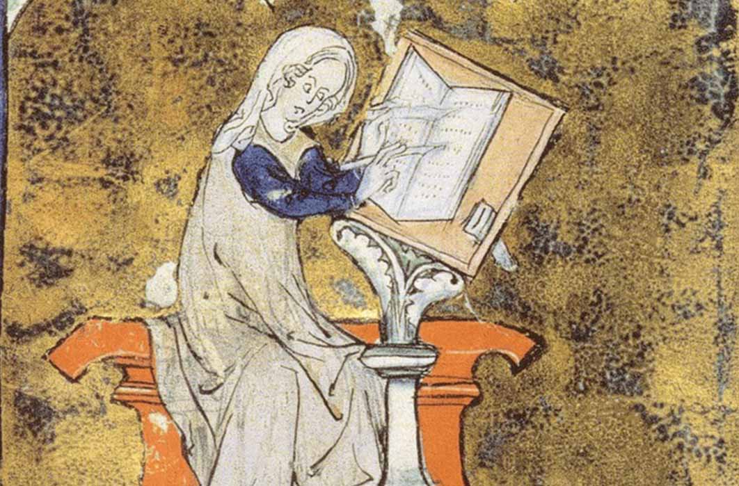 Marie de France from an illuminated manuscript (Public Domain)