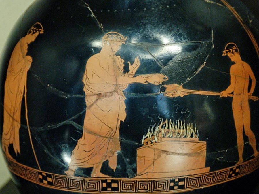 Animal sacrifice with libations; depiction ca. 430-425 BC. Louvre. (Public Domain)