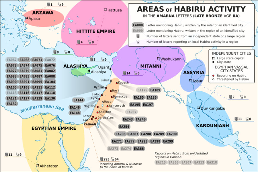 Areas of Habiru (Hapiru, Khabiri, Apiru) activity as reported in the Amarna letters corpus (CC BY-SA 3.0)